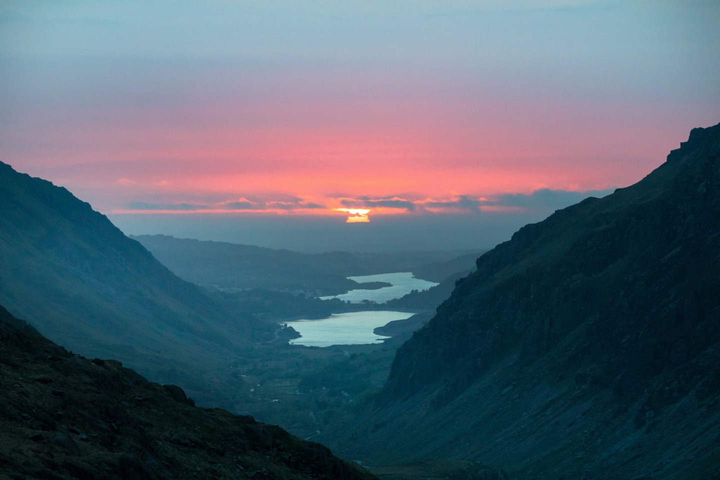 A view from the top of Mount Snowdon at sunset time
